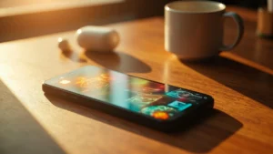 A mobile phone showing Clash Royale codes redemption on a wooden desk