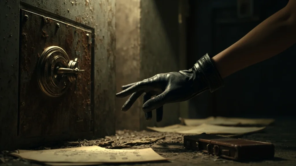 Hand reaching toward a numbered combination dial on a Resident Evil Requiem safe