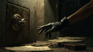 Hand reaching toward a numbered combination dial on a Resident Evil Requiem safe