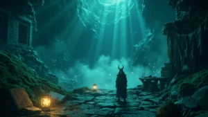 Hollow Knight walkthrough hero illustration of a masked knight in a vast insect cavern