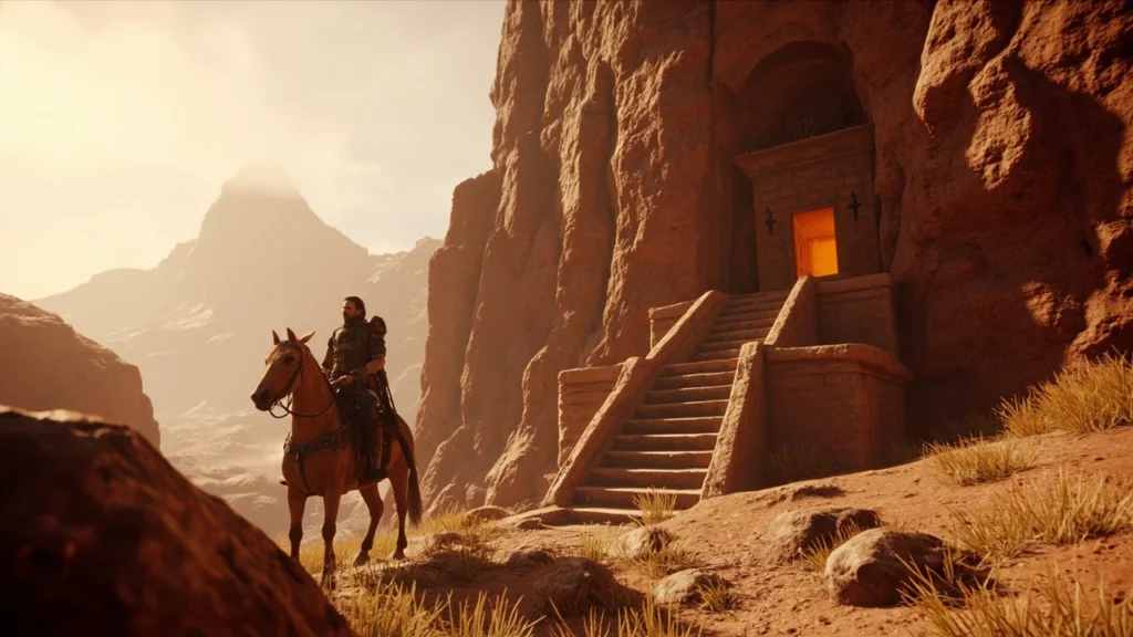 Player character approaching the Sanctum of Temperance in Crimson Desert