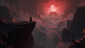 A dark cliffside approach to Mohgwyn Palace with blood-red lighting and a vast underground valley below