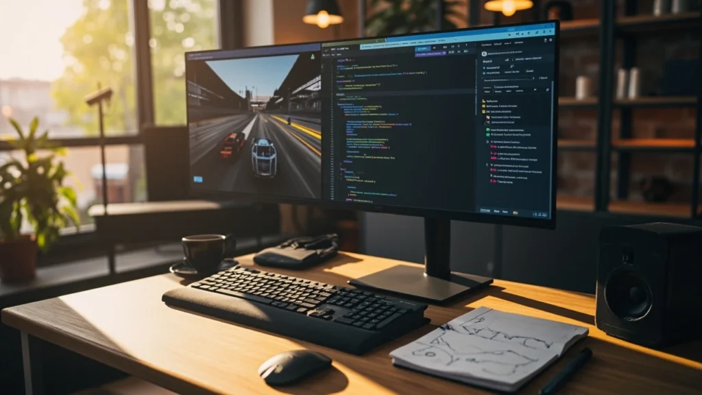 Code in Drag Drive Simulator shown as engine script on a workspace monitor