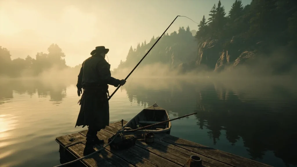Angler fishing for legendary fish in Red Dead Redemption 2 on a misty lake at dawn