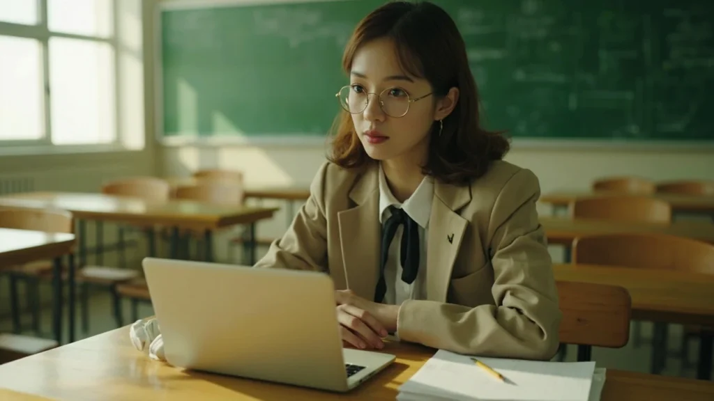 Fuuka Persona 3 study scene with a laptop and headphones in a classroom