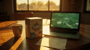 A desktop scene showing sims 2 cheats reference notes next to a copy of The Sims 2