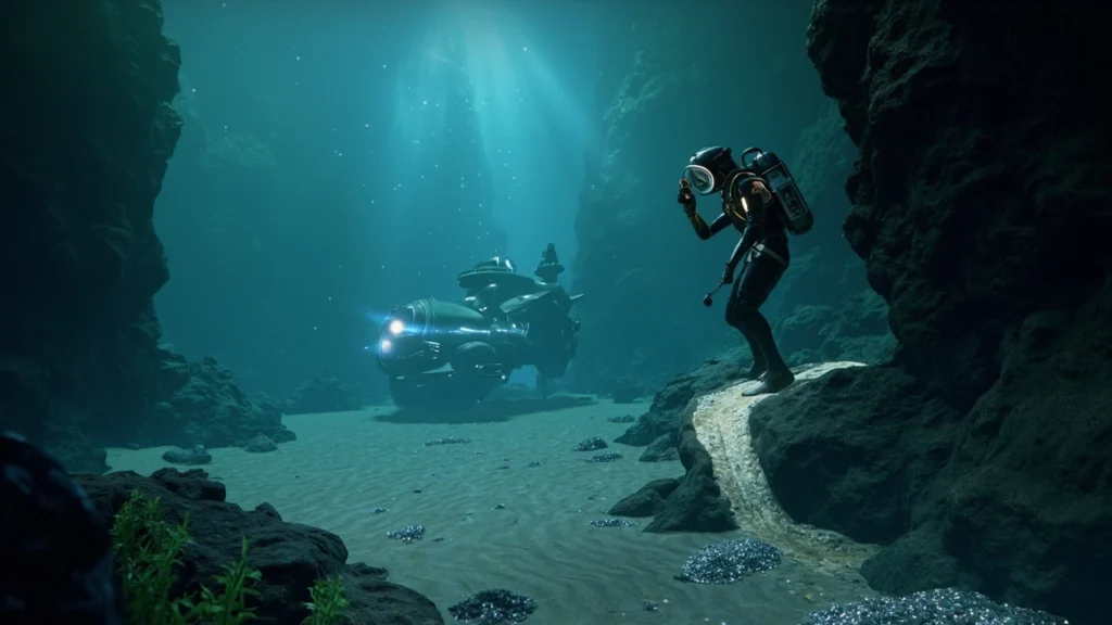 Subnautica 2 silver ore vein inside an underwater cave