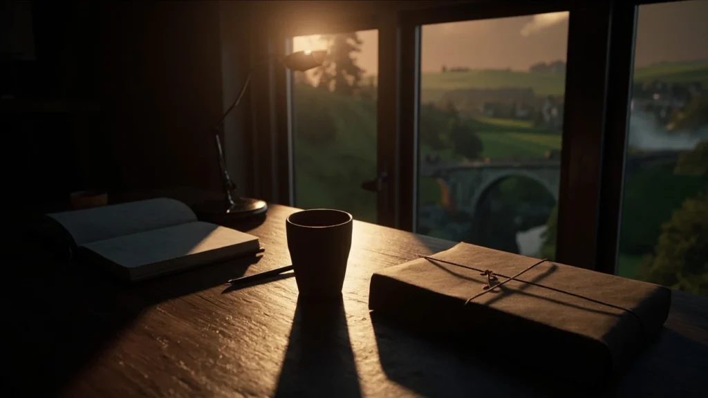 Editorial illustration of a closed game case on a desk at dusk with an English countryside view through a window