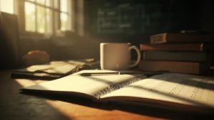 Persona 3 Reload answers study desk with notebook and classroom chalkboard