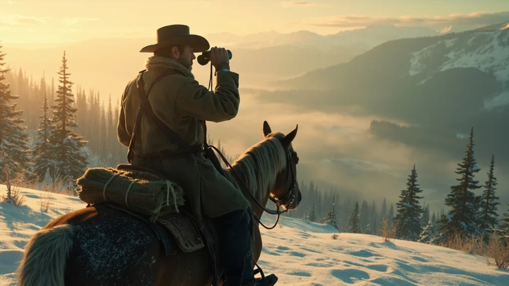 Cowboy on horseback at dawn preparing to hunt legendary animal locations rdr2 across the map