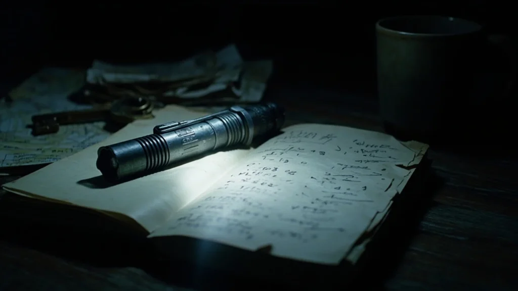 A detective-style notebook listing Resident Evil 2 safe code combinations next to a flashlight and key prop